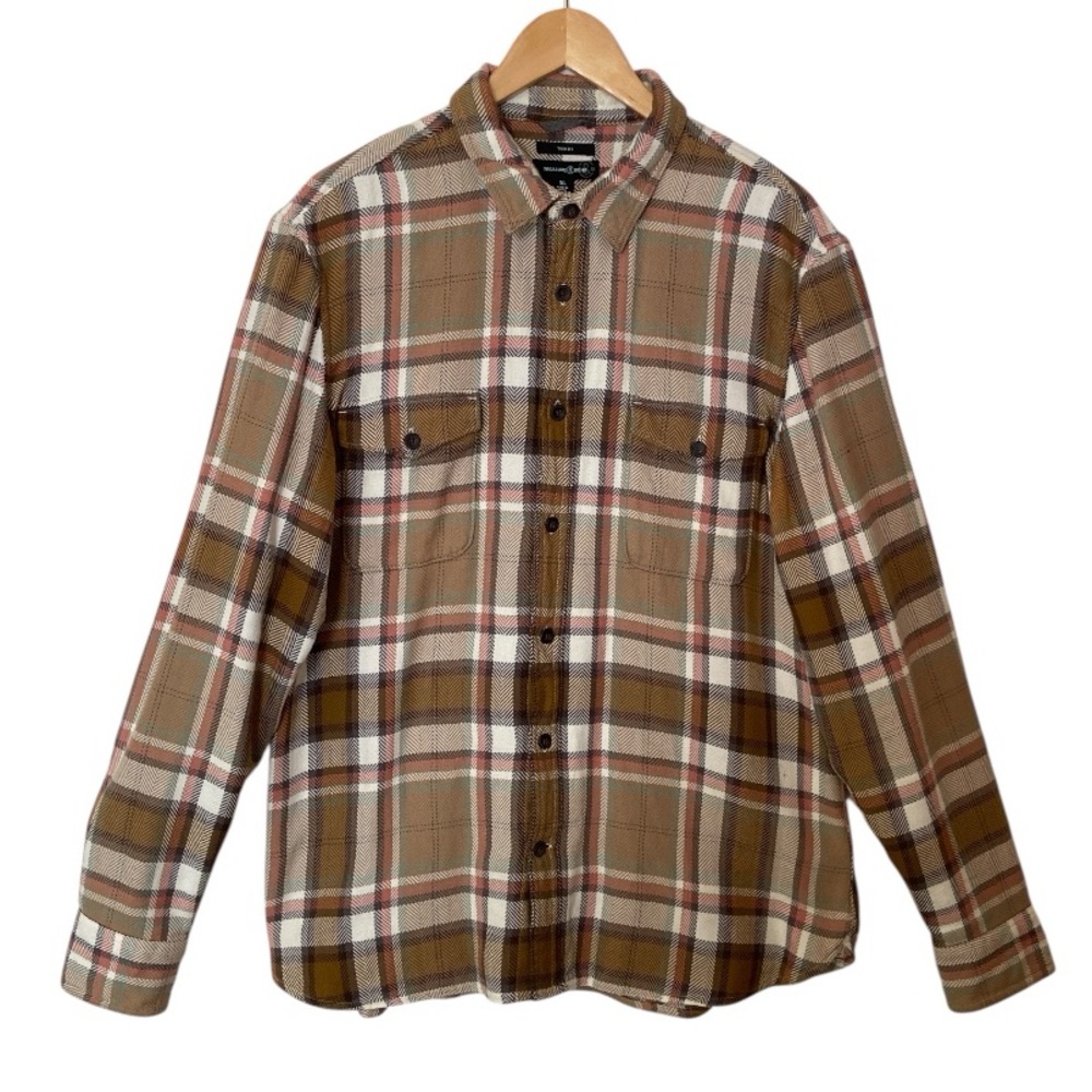 Treasure & Bond Trim Fit Plaid Flannel Shirt XL Cotton Brown Tan Workwear Casual